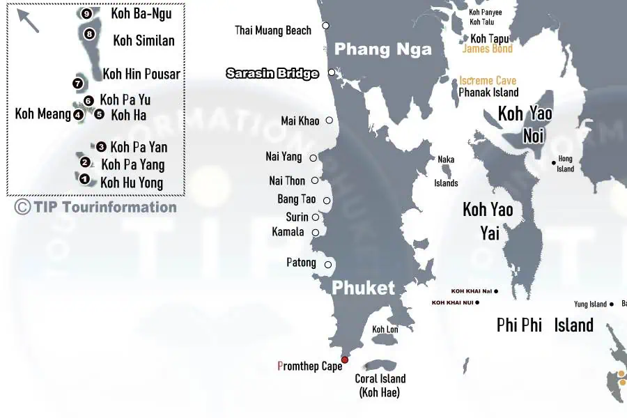 A detailed map of Thailand, highlighting the Similan Islands and surrounding islands, showcasing their geographic locations in the region.