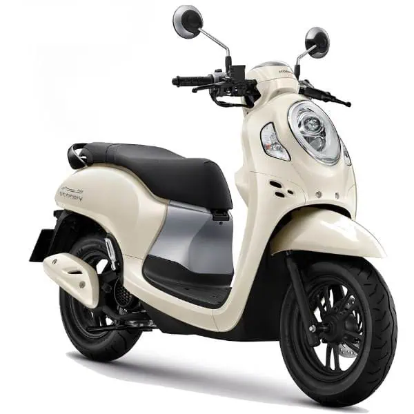 A Honda Scoopy scooter in white is displayed against a clean white background, emphasizing its sleek design.