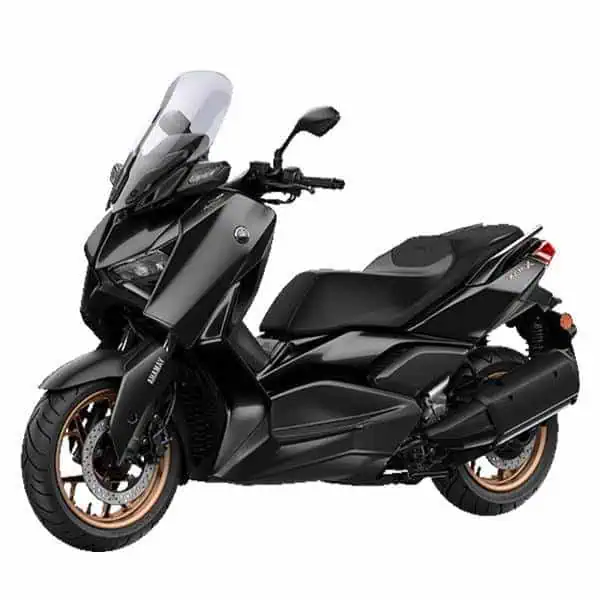 A black and gray Yamaha Xmax motorcycle displayed prominently against a clean white background.