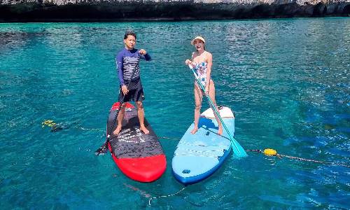 Two people navigate the ocean on paddle boards, enjoying a peaceful moment amidst the gentle waves.