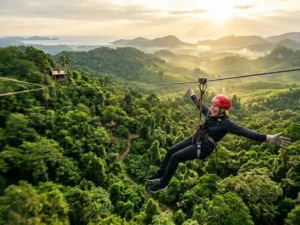 Gast gleitet bei Sonnenaufgang hoch über dem Regenwald von Phuket – Zipline-Abenteuer mit 32 Plattformen, Hanuman World