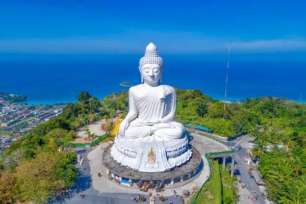 The grand white Buddha statue, the largest of its kind in the world, stands proudly, symbolizing tranquility and devotion in Phuket.