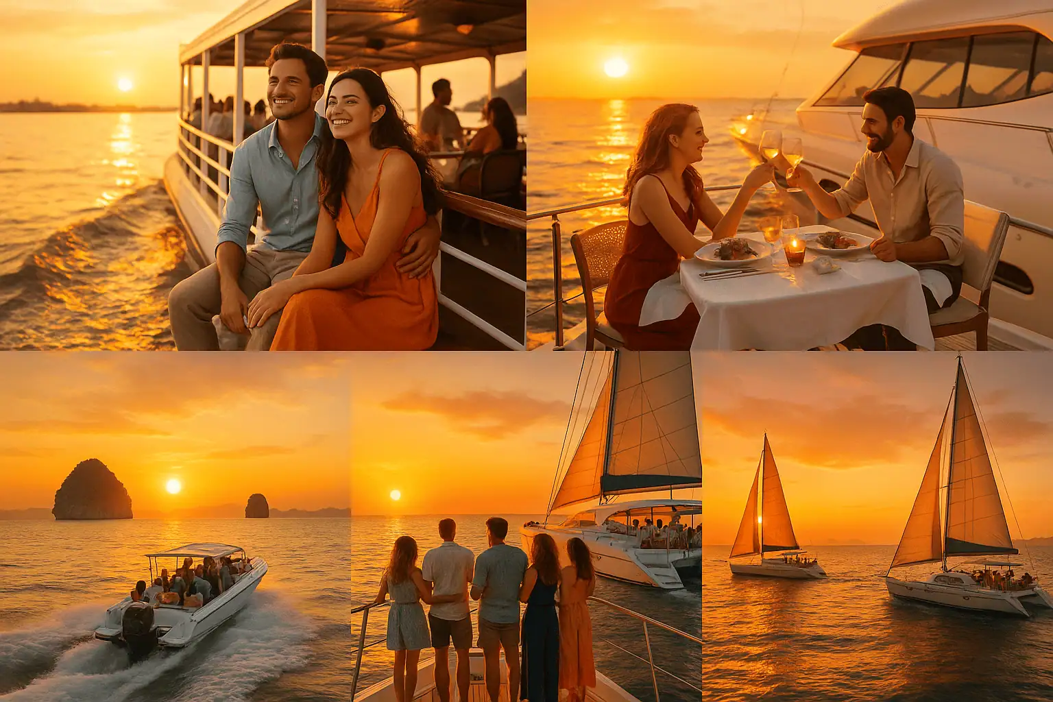 Happy tourists enjoying sunset cruises, speedboats, and catamaran tours to tropical islands.