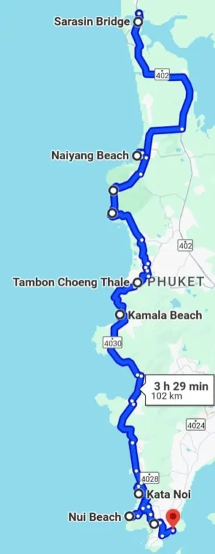 Karte von Phukets Westküste mit den Stränden von Norden nach Süden.