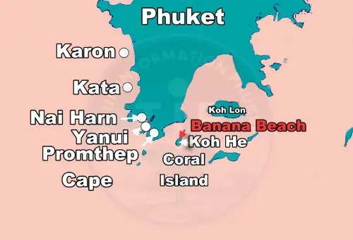 A detailed map displaying Phuket's geographical location, nearby areas, and key landmarks, including the scenic Banana Beach.