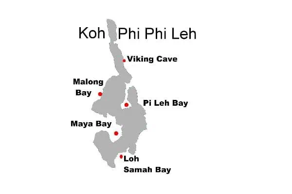 Map with all bays of Phi Phi Leh including Maya Bay, Pileh Lagoon, Loh Samah Bay and Viking Cave