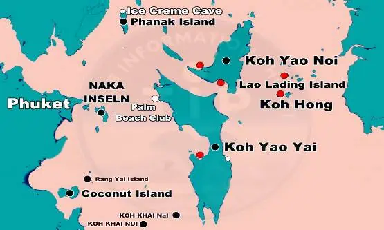 A detailed map showcasing the islands of Koh Yao, highlighting their geographical features and surrounding waters.