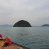 Traditional longtail boat on turquoise water in front of a green island on a private boat tour in Phuket.