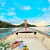 A Long tail - boat adorned with colorful pillows and vibrant flowers arranged elegantly on the deck, creating a serene atmosphere.