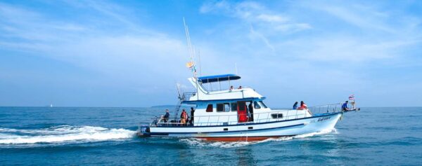 A boat navigates through the vast ocean waters under a clear blue sky, creating gentle waves around it.