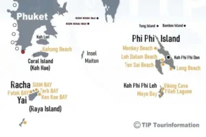 Map of Phuket with the Phi Phi Islands and their bays.