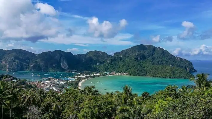 Breathtaking Phi Phi Island in Thailand, showcasing lush hills and tranquil turquoise waters.