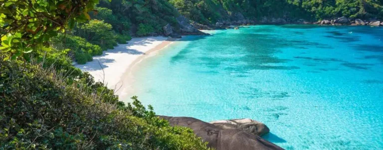 Malerische Aussicht auf die Maya Bay in Thailand mit türkisfarbenem Wasser und üppig grünen Klippen.