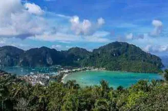 Aerial view of two beautiful beaches on Phi Phi Don, separated by a narrow strip of land, showcasing the island’s natural beauty.