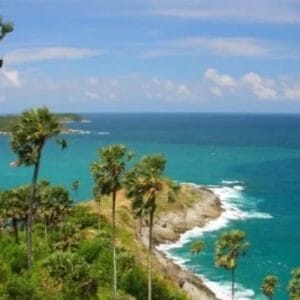 A panoramic view from a hilltop, showcasing the vast ocean stretching into the horizon under a clear blue sky.