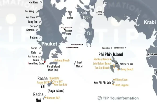 A detailed map showing the geographical locations of various islands in Thailand, with a focus on the proximity and distribution of Racha Island and other nearby destinations.