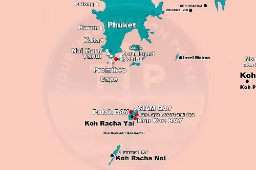 A detailed map showing the geographical locations of various islands in Thailand, with a focus on the proximity and distribution of Racha Island and other nearby destinations.