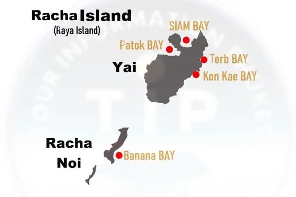 Map of Racha Yai and Racha Noi showing beaches and bays in the Andaman Sea