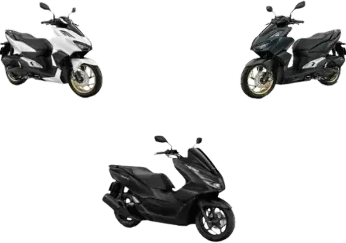 Three motorcycles arranged in different orientations, showcasing their unique designs and functionalities for scooter rental.