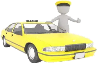 A 3D illustration of a taxi driver in a vibrant urban setting with a taxi vehicle nearby, representing a reliable pick-up service.