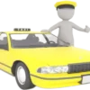 Eine 3D-Illustration eines Taxifahrers in einer lebendigen urbanen Umgebung mit einem Taxi in der Nähe, das einen zuverlässigen Abholservice darstellt.