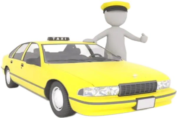 A 3D illustration of a taxi driver in a vibrant urban setting with a taxi vehicle nearby, representing a reliable pick-up service.