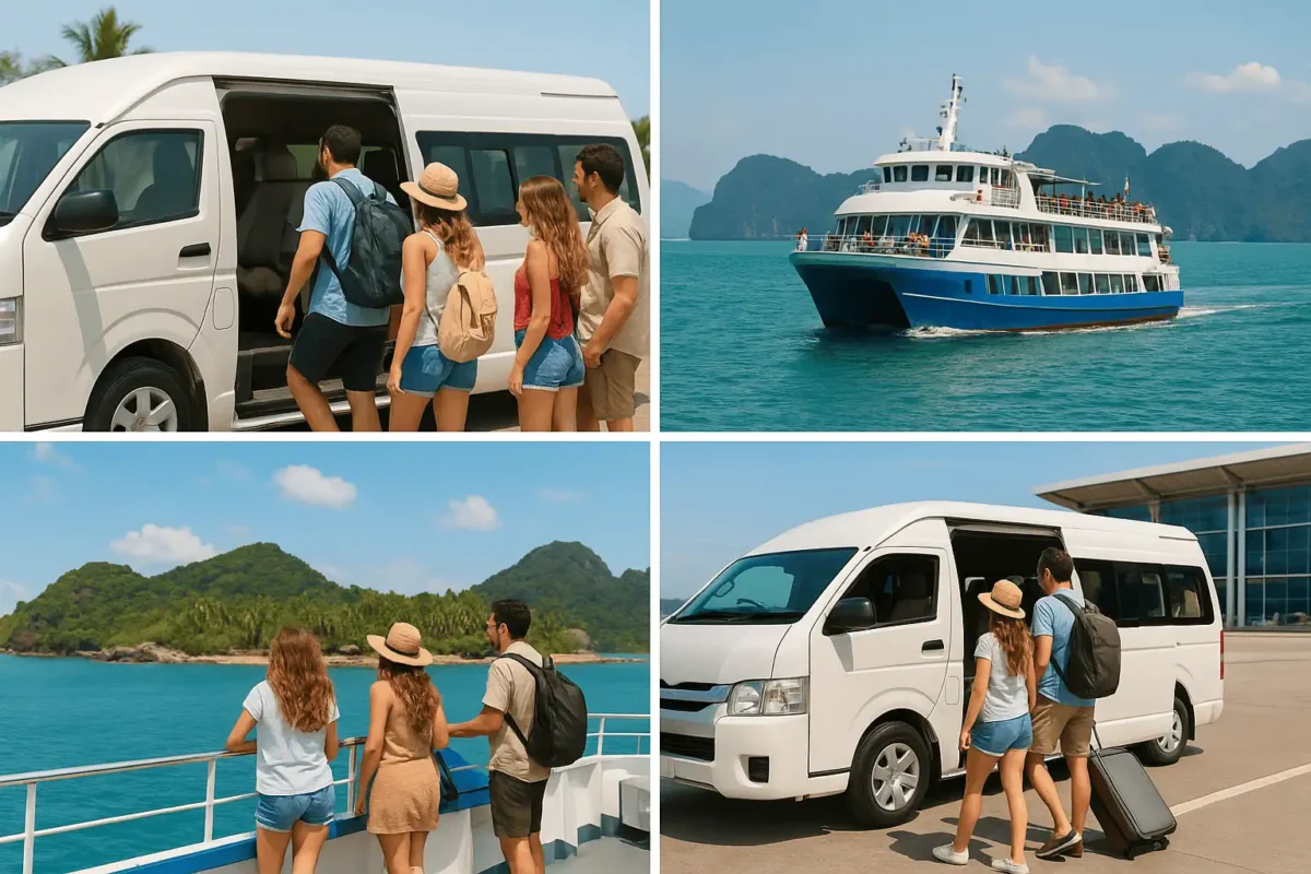 Transport & Tickets Collage: travelers boarding comfortable minivan transfers in Phuket, happy passengers on modern ferries to Phi Phi, Krabi, Ao Nang and Koh Samui, and airport shuttle services with tourists carrying luggage in a sunny holiday atmosphere.
