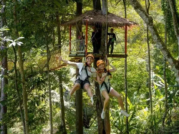 Two people on a thrilling zipline ride surrounded by vibrant jungle greenery in Phuket.