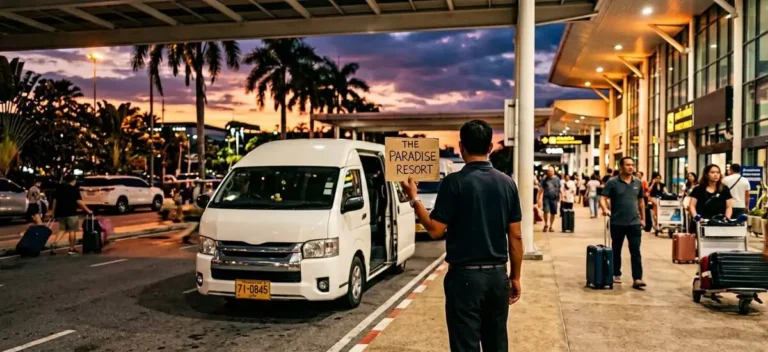 Phuket Airport at dusk: a white van at arrivals and a driver holding a name board in tropical light