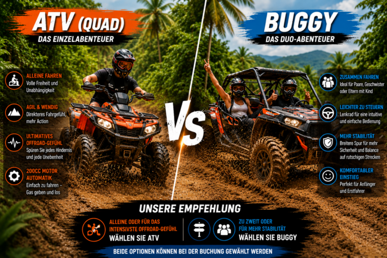 ATV vs Buggy Vergleich in Phuket mit Geländefahrzeugen auf matschigen Dschungelstrecken, Einzelabenteuer mit Quad und Offroad-Erlebnis im Buggy für zwei Personen.