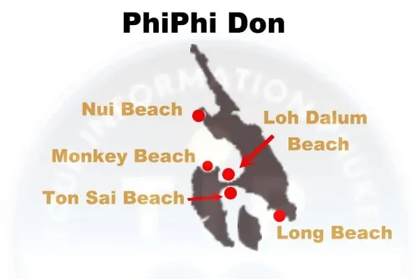 Map of Phi Phi Don Island with labeled beaches, bays, and landmarks – ideal for exploring top highlights and hidden gems.