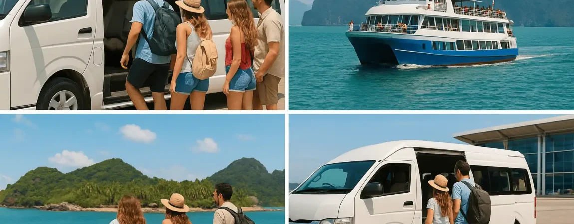 Transport und Tickets Collage: Reisende steigen in Phuket in komfortable Minibusse, glückliche Passagiere auf modernen Fähren nach Phi Phi, Krabi, Ao Nang und Koh Samui und Flughafentransfers mit Touristen, die ihr Gepäck in einer sonnigen Urlaubsatmosphäre transportieren.