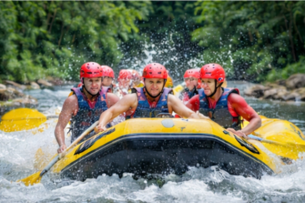 Wildwasser-Rafting auf einem Fluss im Dschungel von Phuket, Thailand