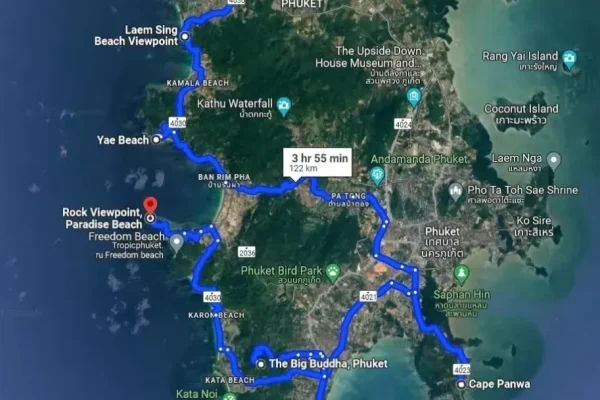 Die Navigationskarte zeigt die Route auf Koh Phuket mit den wichtigsten Aussichtspunkten und Wegbeschreibungen.