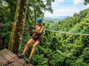 Abenteurer seilt sich von einer Baumplattform im tropischen Regenwald bei Hanuman World Phuket World C+ ab