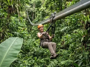 Frau mit Helm fährt auf einer einzelnen Roller-Zipline-Schiene durch den dichten tropischen Regenwald bei Hanuman World Phuket World D+