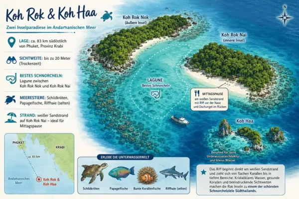 Karte von Koh Rok und Koh Haa mit Lagune, Schnorchelplätzen, Koh Rok Nok, Koh Rok Nai und den Inseln des Koh-Haa-Archipels in der Andamanensee