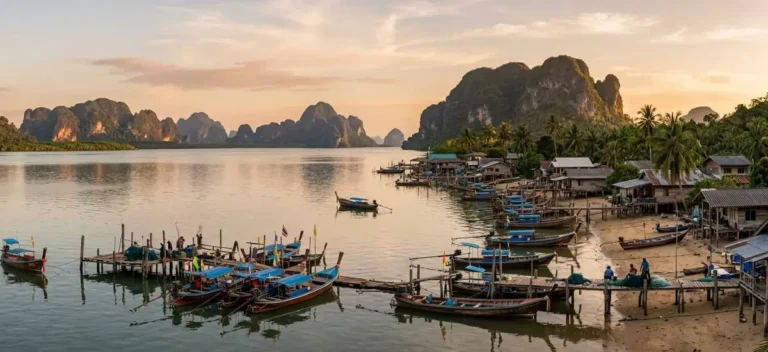 Koh Yao: a fishing village on calm water, wooden longtails, limestone on the horizon, late light