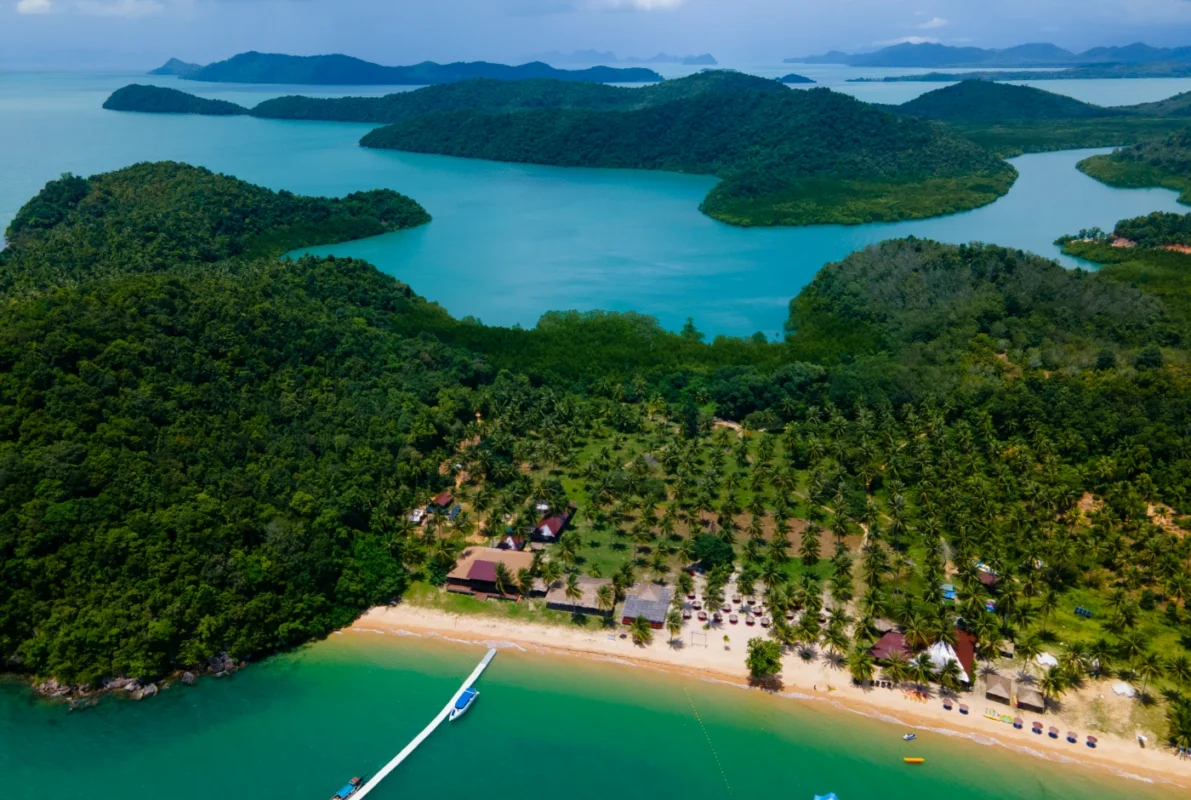 Aerial view of the Koh Yao Yai coastline and Palm Beach Club