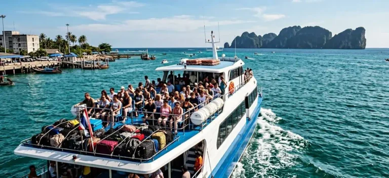 Large passenger ferry leaving Rassada for Phi Phi, bags on deck, turquoise water, limestone far ahead