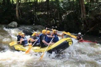 A yellow raft with eight paddlers navigating through whitewater rapids, experiencing an adventurous and thrilling ride.