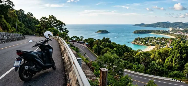 Automatik-Roller an einer Küstenstraße auf Phuket, Hügel, Meer, Helm am Spiegel, Tageslicht