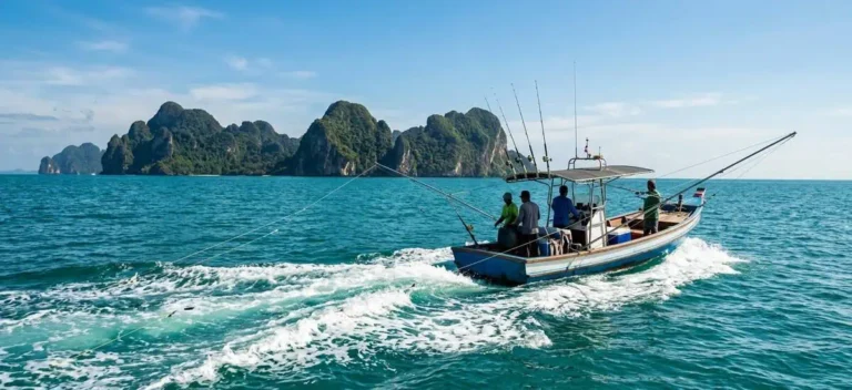 Trolling off Phuket: a small charter boat, lines in a turquoise wake, islands on the horizon