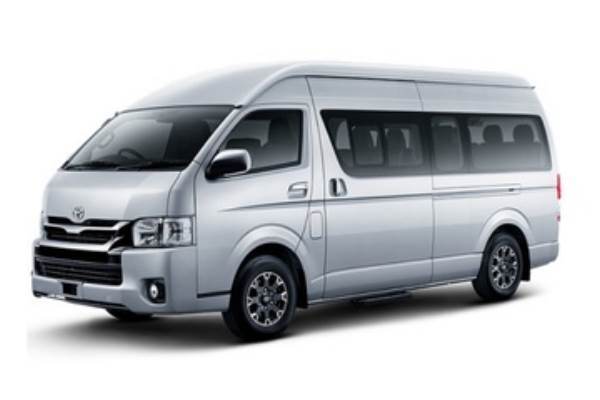 A Toyota Hiace, a compact van, is shown, illustrating its functional design and adaptability for both personal and commercial use.