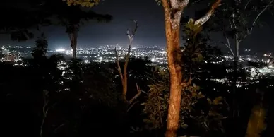 Night view from Khao Rang Breeze Restaurant in Phuket Town, featuring city lights and lush greenery.