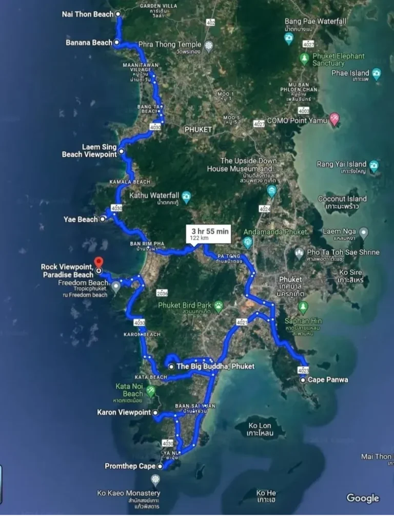 Die Navigationskarte zeigt die Route nach Koh Phuket mit den wichtigsten Wegpunkten und Wegbeschreibungen.