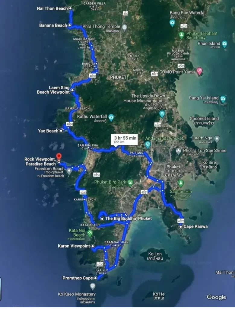 Die Navigationskarte zeigt die Route nach Koh Phuket mit den wichtigsten Wegpunkten und Wegbeschreibungen.