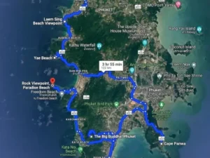Die Navigationskarte zeigt die Route auf Koh Phuket mit den wichtigsten Aussichtspunkten und Wegbeschreibungen.