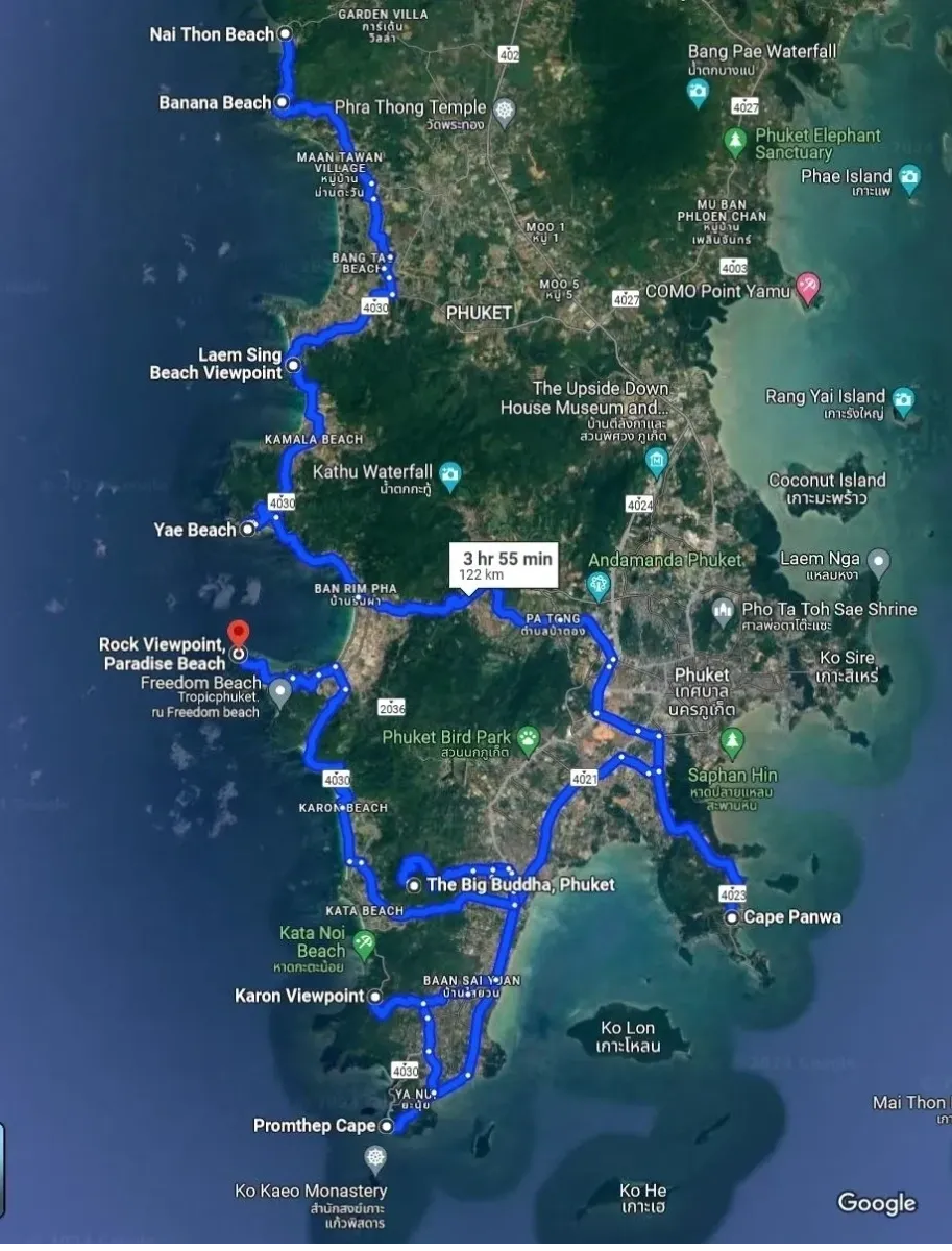 Die Navigationskarte zeigt die Route auf Koh Phuket mit den wichtigsten Aussichtspunkten und Wegbeschreibungen.